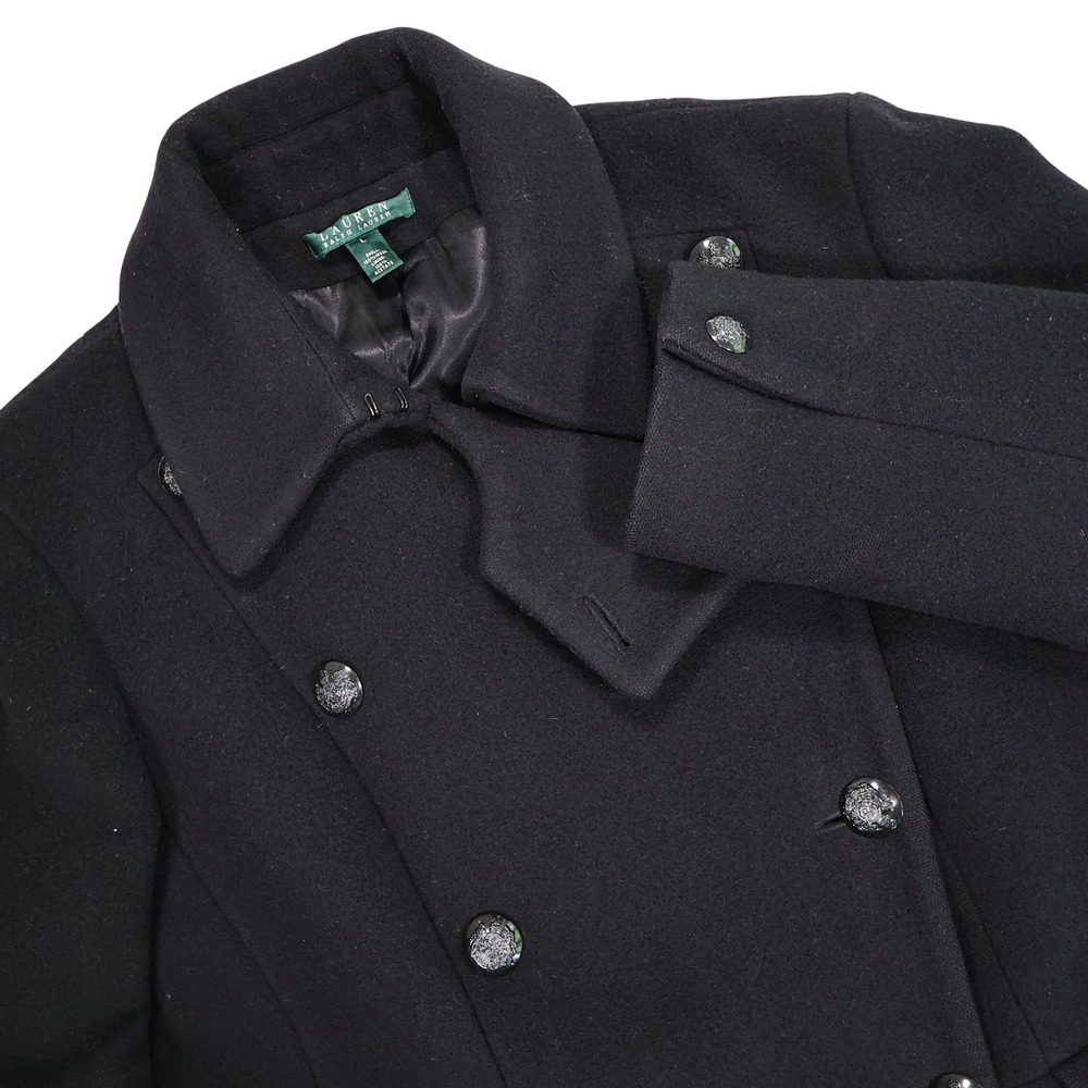 LAUREN RALPH LAUREN Women's L Black 100% Wool Double Breasted Crest Button Coat